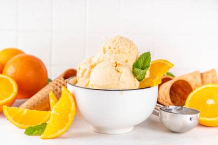 Homemade orange creamsicle ice cream, big bowl with creamsicle gelato, with orange slices and mint, sweet creamy summer dessert, on white kitchen table copy spaceの写真素材