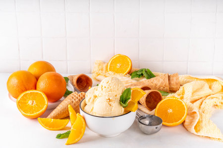Homemade orange creamsicle ice cream, big bowl with creamsicle gelato, with orange slices and mint, sweet creamy summer dessert, on white kitchen table copy spaceの写真素材