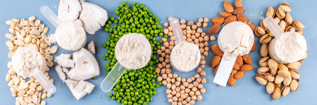 Various source vegan protein powders. Vegetarian plant based protein shakes powder and ingredient...