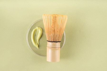 Matcha Skincare Background containing matcha powder, cream, serum, face mask, scrub, toner and moisturizer, natural clean beauty anti-aging skin care beauty trendの写真素材