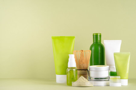 Matcha Skincare Background containing matcha powder, cream, serum, face mask, scrub, toner and moisturizer, natural clean beauty anti-aging skin care beauty trendの写真素材