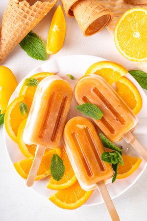 Homemade orange creamsicle lolipop ice cream, creamsicle popsicles, with orange slices and mint, sweet creamy summer dessert, on white kitchen table copy spaceの写真素材