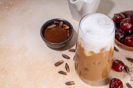 Healthy organic date seed coffee, iced coffee latte cup, made with grated date seeds, with whole date fruits and seeds on beige background . Alternative coffee hot drinkの写真素材
