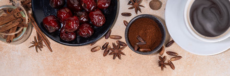 Healthy organic date seed coffee, black coffee cup, made with grated date seeds, with whole date fruits and seeds on beige background . Alternative coffee hot drinkの写真素材