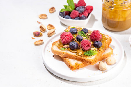 Pistachio paste toast. Summer breakfast delicious sandwiches with pistachio butter spread, with fresh berries. Balanced healthy vitamins and macronutrients snackの写真素材