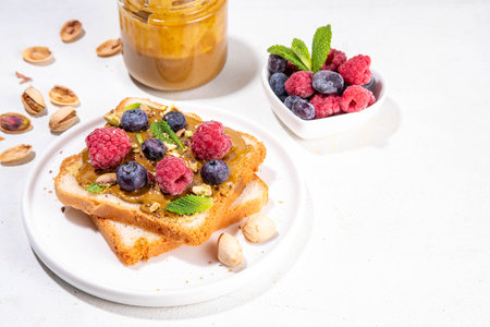 Pistachio paste toast. Summer breakfast delicious sandwiches with pistachio butter spread, with fresh berries. Balanced healthy vitamins and macronutrients snackの写真素材