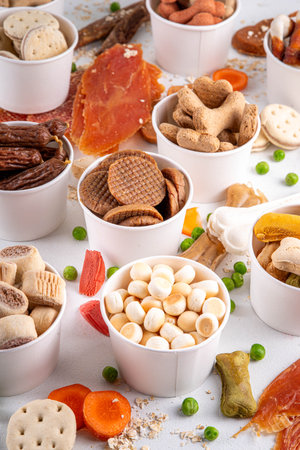 Healthy snacks, dog training treats.  Assortment of food snacks for pets, dog biscuits bones with vegetables and cereals, various dried meat and offal on white backgroundの写真素材