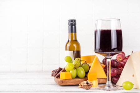 Tasty delicious cheese and dried sausage appetizers board, with wine, nuts, grapes fruits, antipasto brunch snack, copy spaceの写真素材