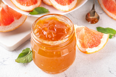 Homemade grapefruit jam, sweet pink grapefruit marmalade in small jar, with grapefruit slices and mint leaves on white table backgroundの写真素材