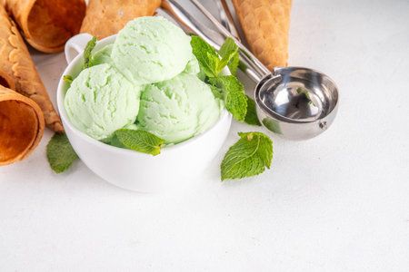 Green mint or melissa homemade ice cream, refreshing sweet sorbet dessert in serving bowl, with waffle ice cream cones on white backgroundの写真素材