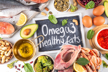 Variety food rich in Omega-3, ALA, EPA, DHA healthy fatty acids sources, Animal and vegetable sources of omega3, healthy fats, vitamin and antioxidants. Healthy keto and low carb diet foodの写真素材