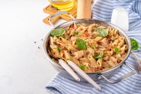 Trendy viral marry me chicken pasta. One pot balanced tender cooked pasta and juicy chicken pieces smothered in creamy and cheesy, garlic sun-dried tomato sauce, wit basil leaves, in plate and potの写真素材
