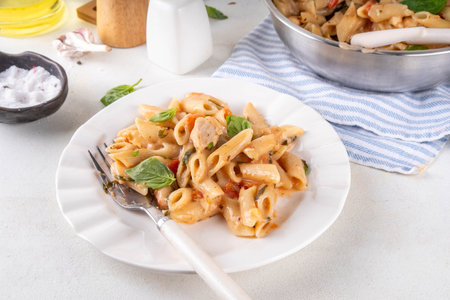 Trendy viral marry me chicken pasta. One pot balanced tender cooked pasta and juicy chicken pieces smothered in creamy and cheesy, garlic sun-dried tomato sauce, wit basil leaves, in plate and potの写真素材