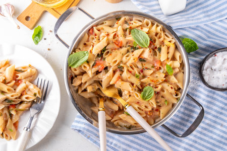 Trendy viral marry me chicken pasta. One pot balanced tender cooked pasta and juicy chicken pieces smothered in creamy and cheesy, garlic sun-dried tomato sauce, wit basil leaves, in plate and potの写真素材