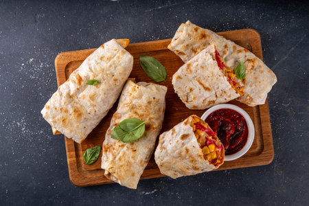 Homemade oven baked Pizza Burritos, pizza style quesadilla wraps with pepperoni or salami, tomatoes, cheese and corn, on kitchen table with hot tomato sauce, copy spaceの写真素材