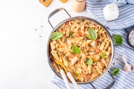 Trendy viral marry me chicken pasta. One pot balanced tender cooked pasta and juicy chicken pieces smothered in creamy and cheesy, garlic sun-dried tomato sauce, wit basil leaves, in plate and potの写真素材