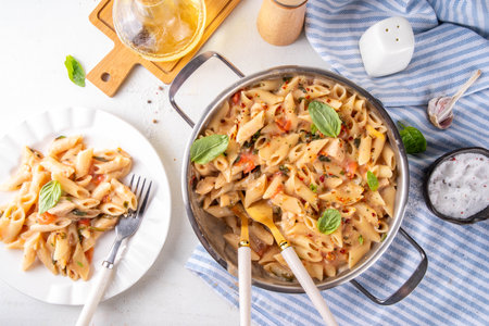 Trendy viral marry me chicken pasta. One pot balanced tender cooked pasta and juicy chicken pieces smothered in creamy and cheesy, garlic sun-dried tomato sauce, wit basil leaves, in plate and potの写真素材
