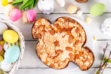 Italian Easter Colomba Cake, Colomba di Pasqua, sweet sugared dove-shaped sponge cake with glazed nuts and fruits, festive fruit- stuffed bread on white Easter holiday decorated table copy spaceの写真素材
