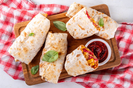 Homemade oven baked Pizza Burritos, pizza style quesadilla wraps with pepperoni or salami, tomatoes, cheese and corn, on kitchen table with hot tomato sauce, copy spaceの写真素材