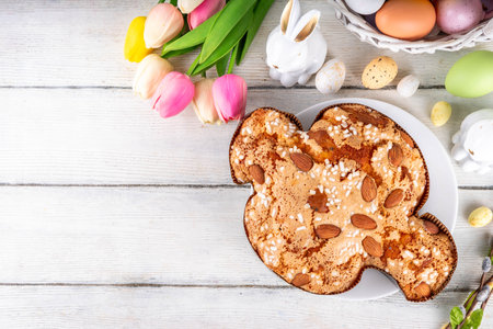 Italian Easter Colomba Cake, Colomba di Pasqua, sweet sugared dove-shaped sponge cake with glazed nuts and fruits, festive fruit- stuffed bread on white Easter holiday decorated table copy spaceの写真素材
