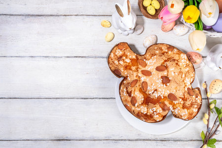 Italian Easter Colomba Cake, Colomba di Pasqua, sweet sugared dove-shaped sponge cake with glazed nuts and fruits, festive fruit- stuffed bread on white Easter holiday decorated table copy spaceの写真素材