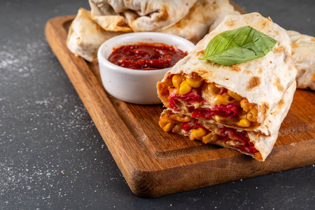 Homemade oven baked Pizza Burritos, pizza style quesadilla wraps with pepperoni or salami, tomatoes, cheese and corn, on kitchen table with hot tomato sauce, copy spaceの写真素材