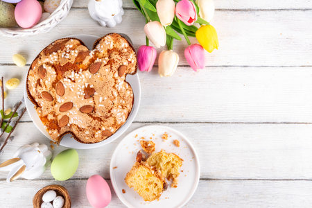 Italian Easter Colomba Cake, Colomba di Pasqua, sweet sugared dove-shaped sponge cake with glazed nuts and fruits, festive fruit- stuffed bread on white Easter holiday decorated table copy spaceの写真素材