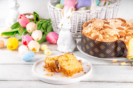 Italian Easter Colomba Cake, Colomba di Pasqua, sweet sugared dove-shaped sponge cake with glazed...