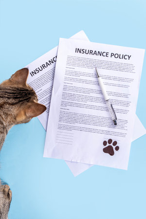 Pet health life Insurance, medical coverage concept. Insurance contract with cat paw signature and cute striped tabby cat. Flat lay mock-up for cats and dogs for insurance agency, medical servicesの写真素材