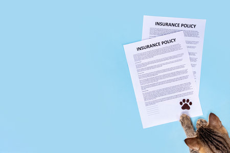 Pet health life Insurance, medical coverage concept. Insurance contract with cat paw signature and cute striped tabby cat. Flat lay mock-up for cats and dogs for insurance agency, medical servicesの写真素材