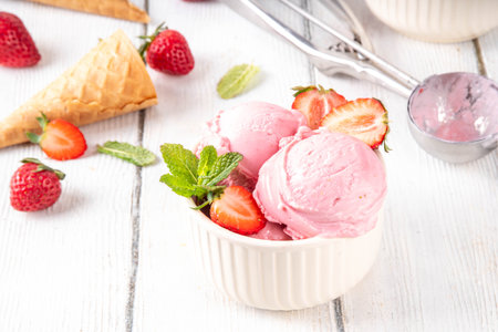 Summer refreshing cold dessert, tasty and aromatic strawberry ice cream, homemade berry sorbet in ceramic bowl, with fresh strawberries, ice cream waffle cones on white wooden backgroundの写真素材