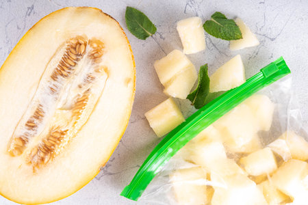 Frozen melon slices, cubes in freezing bags with fresh ripe raw melon on kitchen white table, Healthy simple canning, freezing stock up of fruit harvest for winter concept.の写真素材