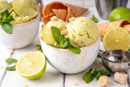 Summer refreshing cold dessert, tasty aromatic mojito or key lime pie ice cream, homemade sorbet with mojito cocktail flavor in ceramic bowl, with fresh lime, mint, waffle cones on wooden backgroundの写真素材