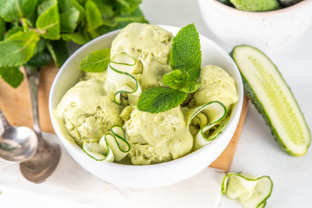 Healthy vegan cucumber ice cream, Alternative vegetarian raw frozen gelato dessert made from banana or avocado, cucumbers, lime and mintの写真素材