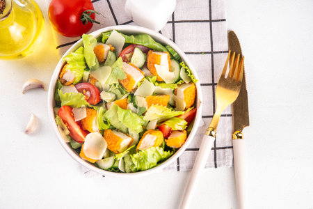 Fried Chicken Salad. Balanced salad with crispy chicken, fresh vegetables and cheese, copy spaceの写真素材