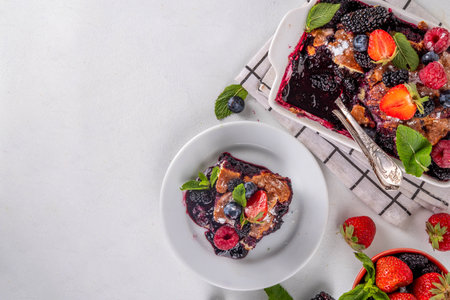 Homemade sweet berry cobbler pie cake with various garden forest berries - strawberry, blackberry, blueberry, healthy summer dessert recipe in baking pan and plate, copy spaceの写真素材