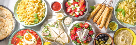 Set of different Mediterranean foods: olives, mozzarella tomato salad, Greek salad, pasta, tortellini ravioli, pizza, pita sandwich, shish kebab, shakshuka,  hummus, top viewの写真素材