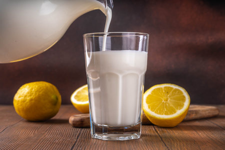 Homemade kefir, buttermilk or yogurt. Healthy probiotics prebiotic fermented dairy drinkの写真素材