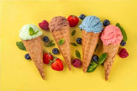 Colorful bright ice cream in waffle cones on bright background.  Variety of ice cream cones with different flavor with fresh berries top view copy space layout backgroundの写真素材