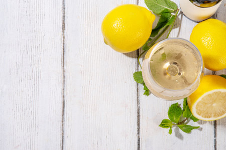 Lemon Wine glass and bottle with sliced and whole lemons and mint, tasty delicious citrus white wineの写真素材
