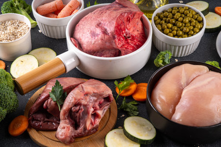 BARF food ingredients, healthy balanced diet for animal background. Biologically Appropriate Raw Food assortment for making barf trendy pet bowlの写真素材