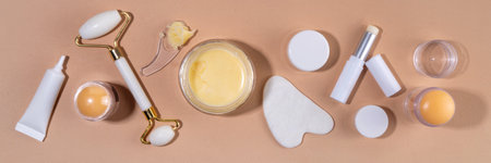 Tallow cream, serum and facial skin care products in sticks. Trendy cream based on animal fat, concept of natural moisturizing, skin restoration, healthy organic fatty acids, vitamins beauty careの写真素材