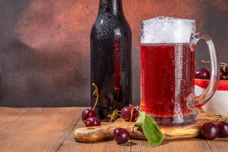 Craft cherry beer or cider alcohol drink mug and bottle on wooden table with fresh ripe cherries, copy spaceの写真素材