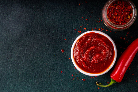 Traditional Korean fermented red chili pepper paste, Gochujang, spicy, sweet-salty, deep umami flavor, food ingredient for preparing asian dishesの写真素材