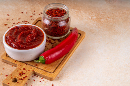 Traditional Korean fermented red chili pepper paste, Gochujang, spicy, sweet-salty, deep umami flavor, food ingredient for preparing asian dishesの写真素材