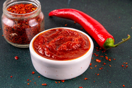 Traditional Korean fermented red chili pepper paste, Gochujang, spicy, sweet-salty, deep umami flavor, food ingredient for preparing asian dishesの写真素材