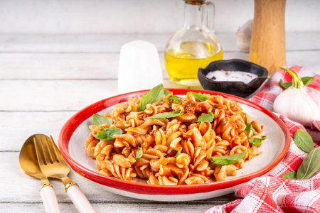Fusilli pasta with bolognese sauce, with ground beef, mushrooms, tomatoes and basil. Traditional Italian lunch pasta plate, with spices served on the table copy spaceの写真素材