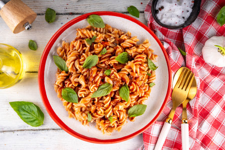 Fusilli pasta with bolognese sauce, with ground beef, mushrooms, tomatoes and basil. Traditional Italian lunch pasta plate, with spices served on the table copy spaceの写真素材