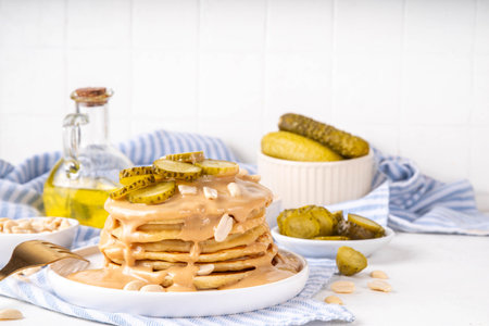 Peanut butter Pickle Pancakes. Stack of fluffy tasty savory Pancakes wit a lot of Peanut butter drizzle, peanuts and pickles, copy spaceの写真素材