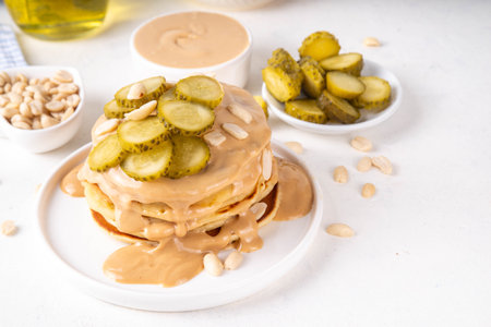 Peanut butter Pickle Pancakes. Stack of fluffy tasty savory Pancakes wit a lot of Peanut butter drizzle, peanuts and pickles, copy spaceの写真素材